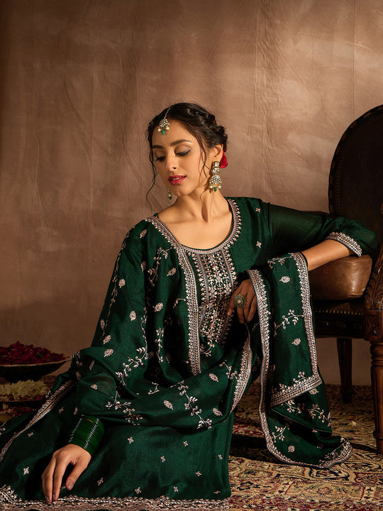 Indo Era Green Embroidered Straight Kurta Trousers With Dupatta set