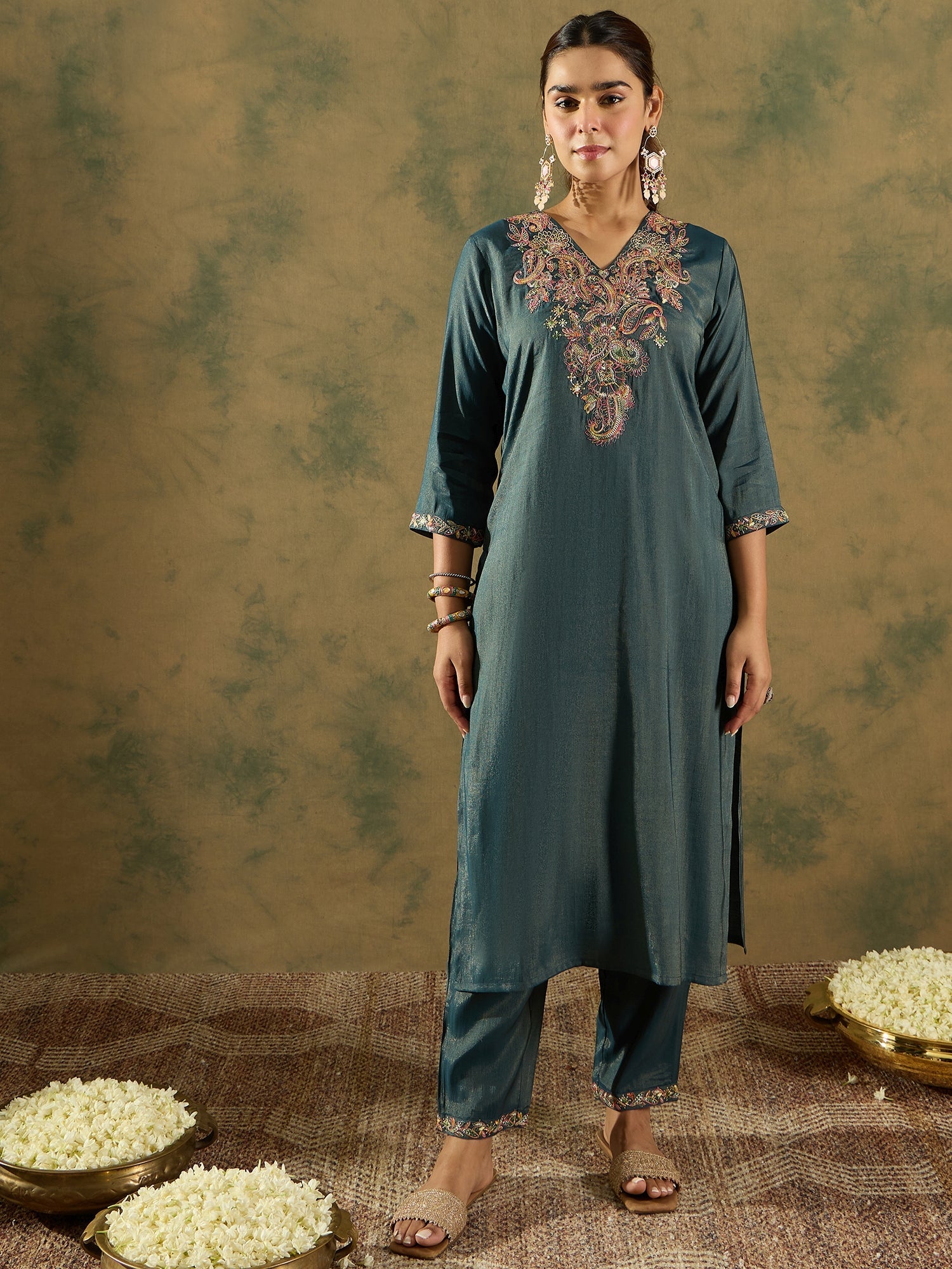 indo era, suit, kurta set for women, indo era kurta, kurta sets for ladies, summer dresses for women, 3 piece suit, cotton kurta set for women, new arrivals, women kurti plazo set, women in suit, kurta suit, floral kurta, short suit, spring summer, Green suit