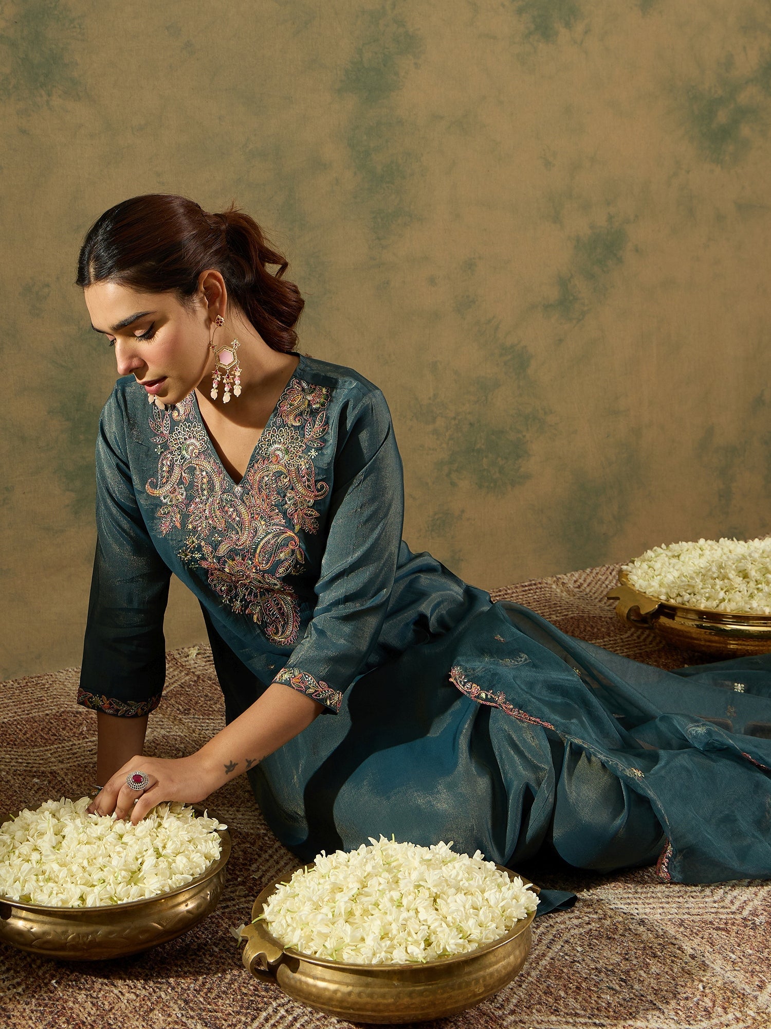 indo era, suit, kurta set for women, indo era kurta, kurta sets for ladies, summer dresses for women, 3 piece suit, cotton kurta set for women, new arrivals, women kurti plazo set, women in suit, kurta suit, floral kurta, short suit, spring summer, Green suit