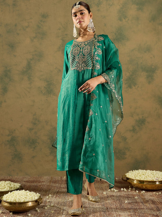 Indo Era Green Embroidered Straight Kurta Trousers With Dupatta Set