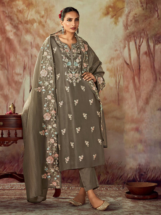 Indo Era Green Embroidered Straight Kurta Trousers With Dupatta set