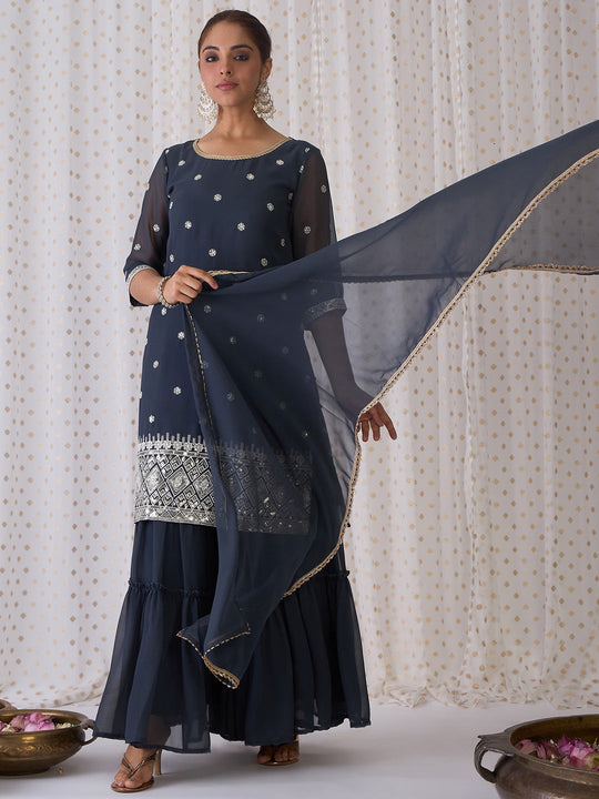 Indo Era Grey Embroidered Straight Kurta Sharara With Dupatta set