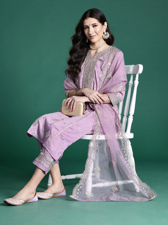 Indo Era Lavender Embroidered Straight Kurta Trousers With Dupatta set