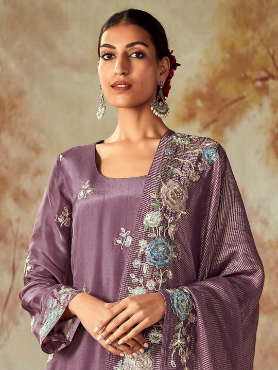 Indo Era Lavender Embroidered Straight Kurta Trousers With Dupatta set