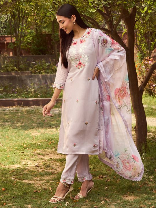 Indo Era Lavender Embroidered Straight Kurta Trousers With Dupatta set