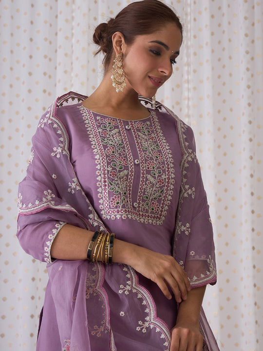 Indo Era Lavender Embroidered Straight Kurta Trousers With Dupatta set