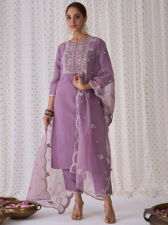 Indo Era Lavender Embroidered Straight Kurta Trousers With Dupatta set