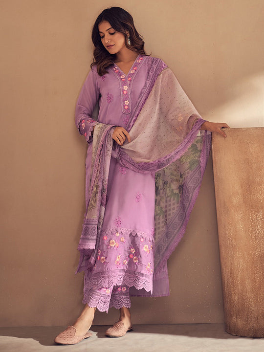 Indo Era Lavender Embroidered Straight Kurta Trousers With Dupatta set