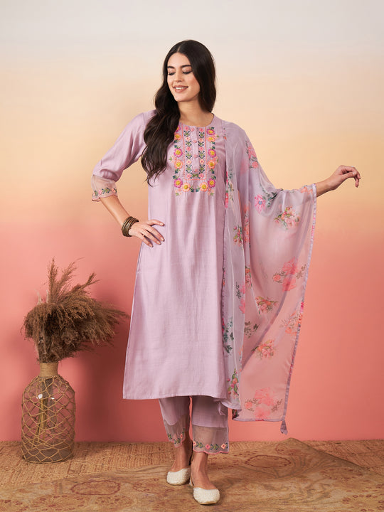 Indo Era Lavender Embroidered Straight Kurta Trousers With Dupatta Set
