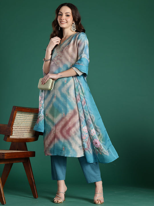 Indo Era Multi Embroidered Straight Kurta Trousers With Dupatta Set
