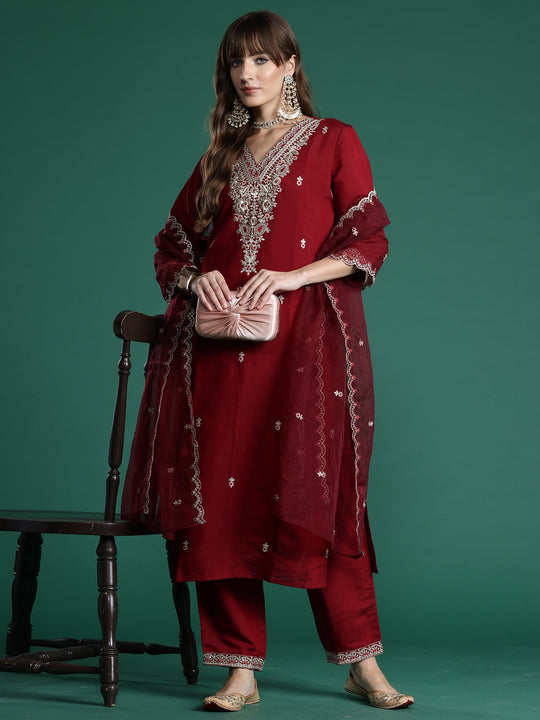Indo Era Maroon Embroidered Straight Kurta Trousers With Dupatta Set