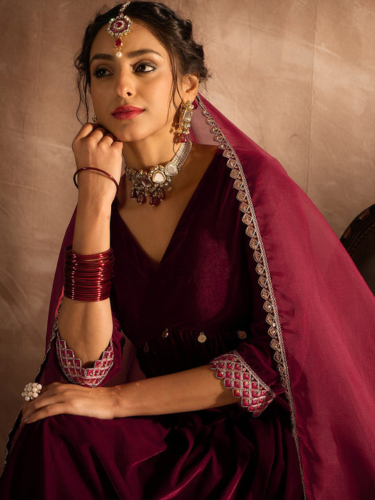 Indo Era Maroon Solid A-Line Kurta Trousers With Dupatta set