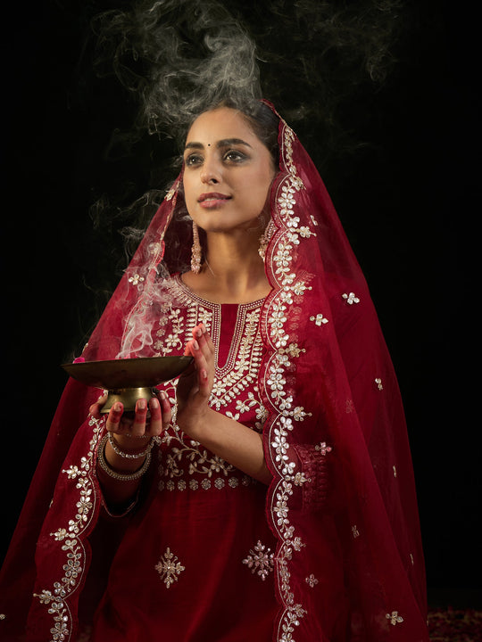 Indo Era Maroon Embroidered Straight Kurta Trousers With Dupatta set