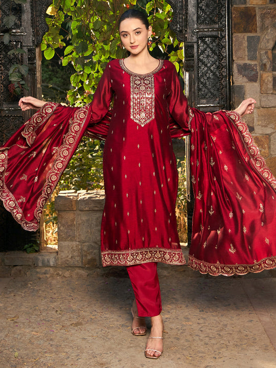 Indo Era Maroon Embroidered Straight Kurta Trousers With Dupatta set