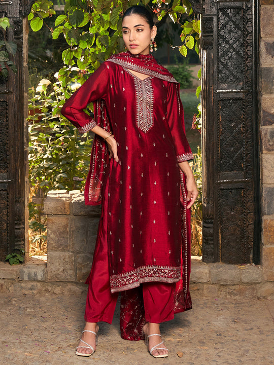 Indo Era Maroon Embroidered Straight Kurta Trousers With Dupatta set
