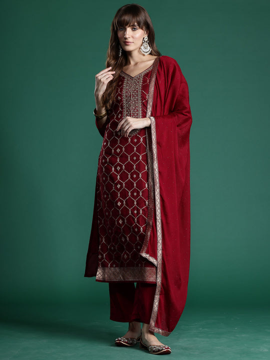 Indo Era Maroon Embroidered Straight Kurta Trousers With Dupatta set