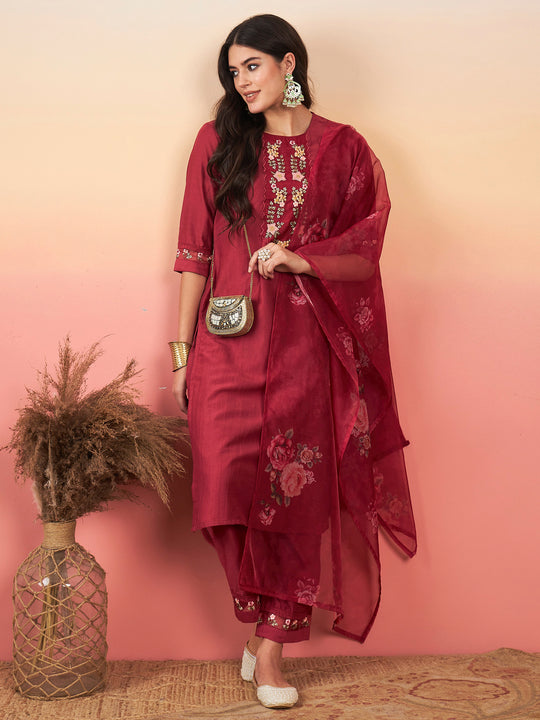 Indo Era Maroon Floral Embroidered Regular Thread Work Kurta with Trousers & With Dupatta