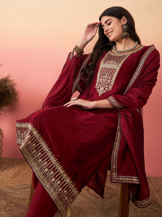 Maroon Floral Yoke Design Regular Zardozi Kurta with Trousers & With Dupatta