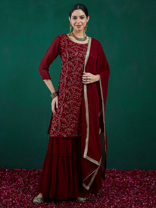 Indo Era Maroon Embroidered Straight Kurta Sharara With Dupatta set
