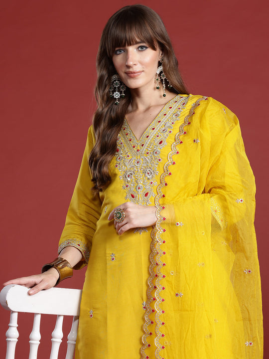 Indo Era Mustard Embroidered Straight Kurta Trousers With Dupatta Set
