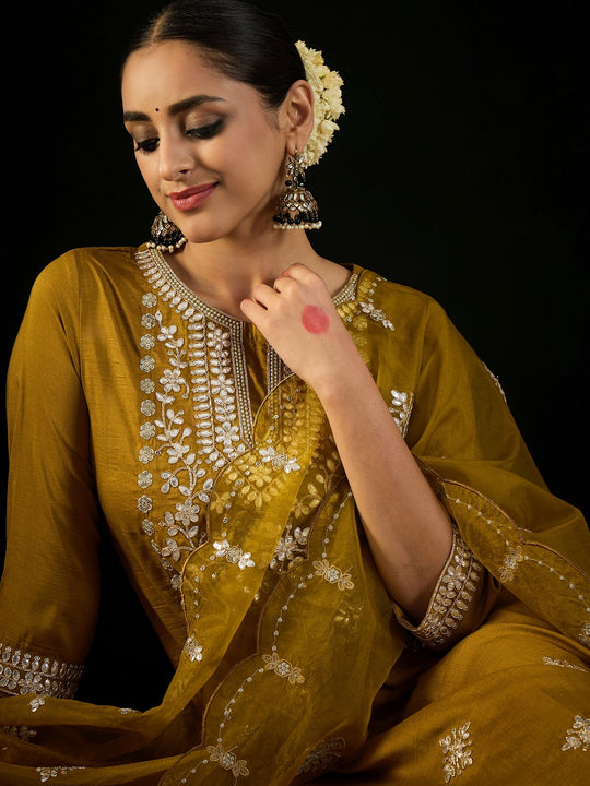 Indo Era Mustard Embroidered Straight Kurta Trousers With Dupatta set