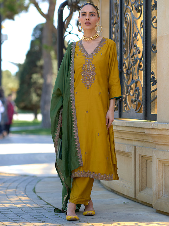 Indo Era Mustard Embroidered Straight Kurta Trousers With Dupatta set