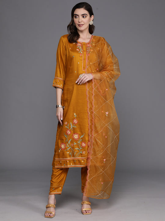 Indo Era Mustard Embroidered Straight Kurta Trousers With Dupatta Set
