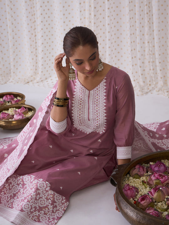 Indo Era Mauve Woven Design Straight Kurta Trousers With Dupatta set