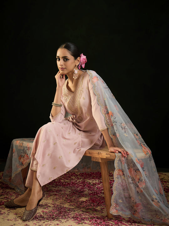 Indo Era Mauve Embroidered Straight Kurta Trousers With Dupatta set