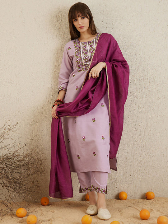 Indo Era Mauve Embroidered Straight Kurta Trousers With Dupatta set