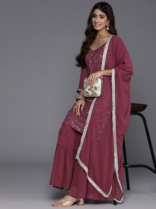 Indo Era Mauve Embroidered Straight Kurta Sharara With Dupatta Set