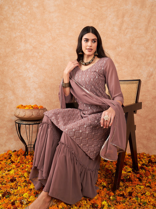 Indo Era Mauve Embroidered Straight Kurta Sharara With Dupatta Set