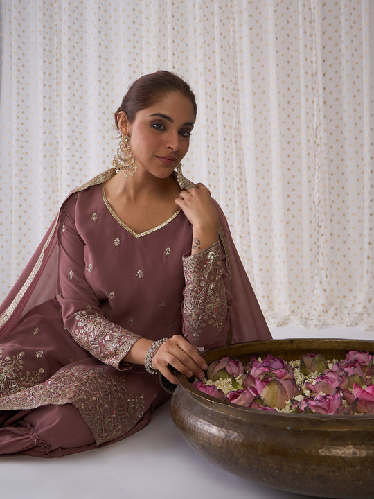 Indo Era Mauve Embroidered Straight Kurta Sharara With Dupatta set