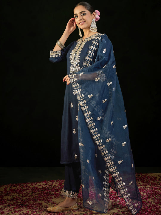 Indo Era Navy Blue Embroidered Straight Kurta Trousers With Dupatta set