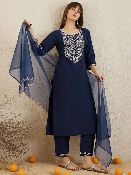 Indo Era Navy Blue Embroidered Straight Kurta Trousers With Dupatta set