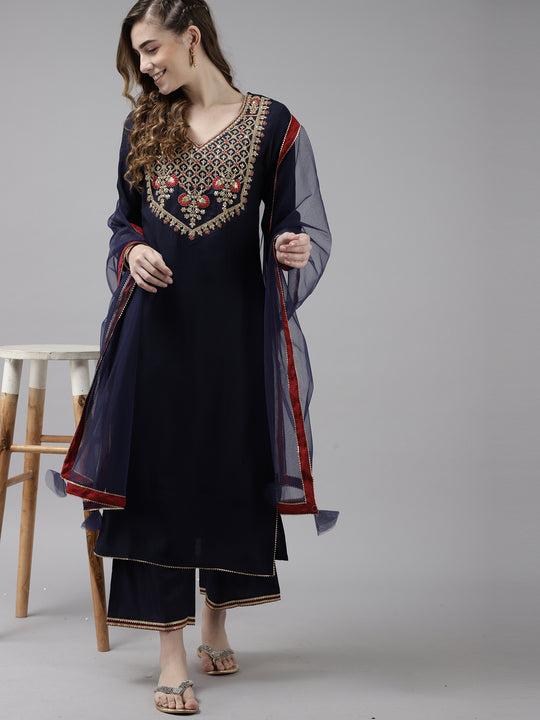 Indo Era Navy Blue Ethnic Motifs Yoke Embroidered Kurta with Palazzos & Dupatta