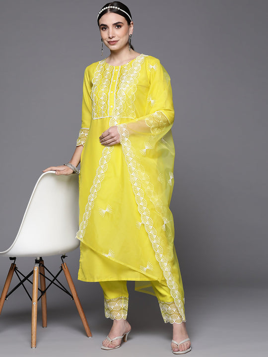 Indo Era Olive Embroidered Straight Kurta Trouser With Dupatta Set