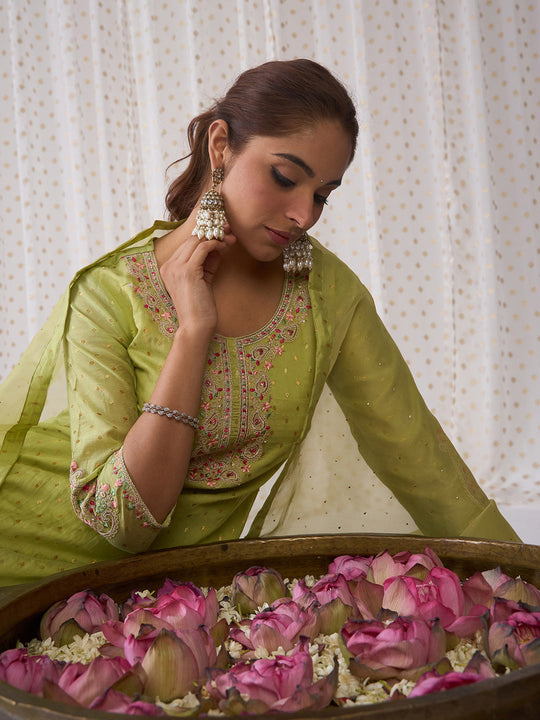 Indo Era Olive Embroidered Straight Kurta Trousers With Dupatta Set