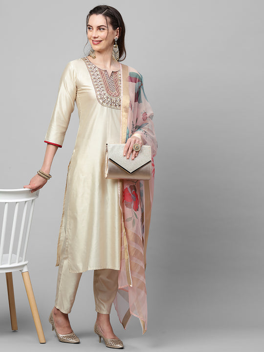 Indo Era Off White Embroidered Straight Kurta Trouser With Dupatta Set