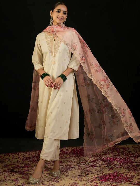 Indo Era Cream Embroidered Straight Kurta Trousers With Dupatta set