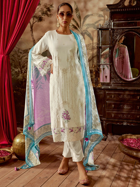 Indo Era Off White Embroidered Straight Kurta Trousers With Dupatta set