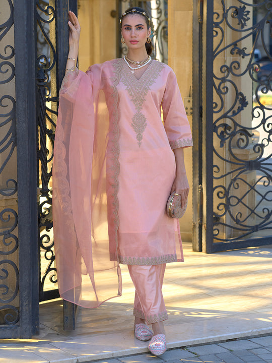 Indo Era Peach Embroidered Straight Kurta Trousers With Dupatta