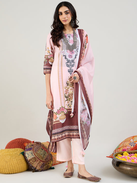 Indo Era Peach Printed Straight Kurta Trousers With Dupatta set