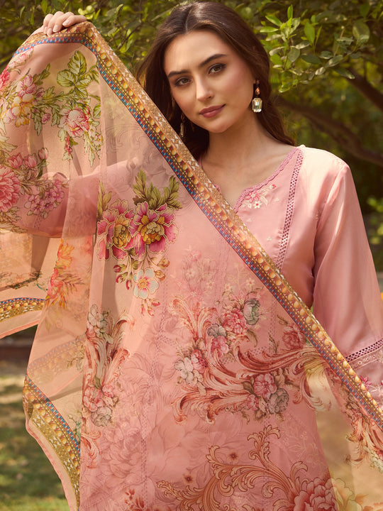 Indo Era Peach Embroidered Straight Kurta Trousers With Dupatta set