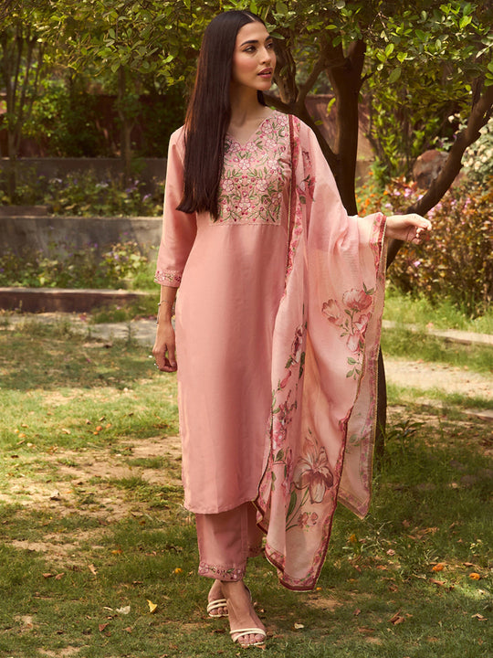Indo Era Peach Embroidered Straight Kurta Trousers With Dupatta set