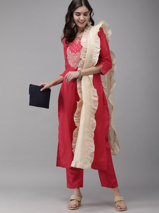 Indo Era Pink Embroidered Straight Kurta Trouser With Dupatta Set