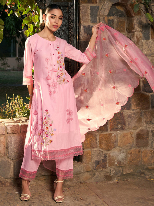 Indo Era Pink Embroidered Straight Kurta Trousers With Dupatta set