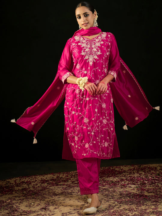 Indo Era Pink Embroidered Straight Kurta Trousers With Dupatta set