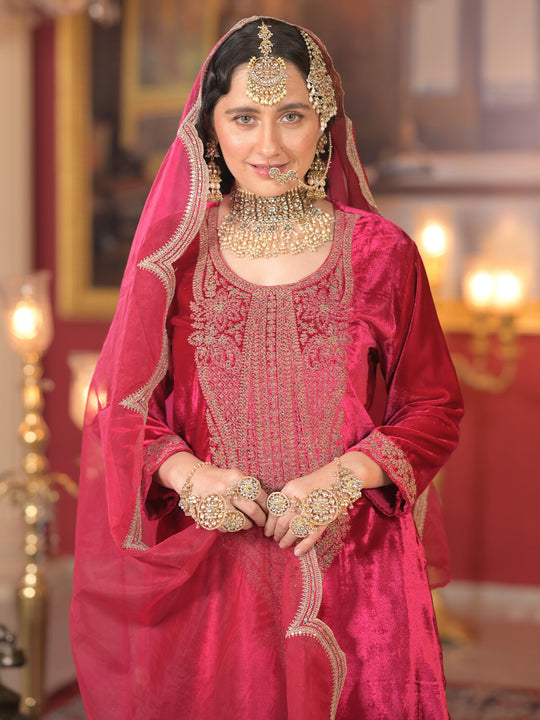 Indo Era Pink Embroidered Straight Kurta Trousers With Dupatta Set