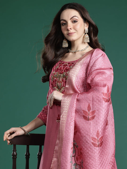 Pink Embroidered Straight Kurta Pant With Dupatta Set